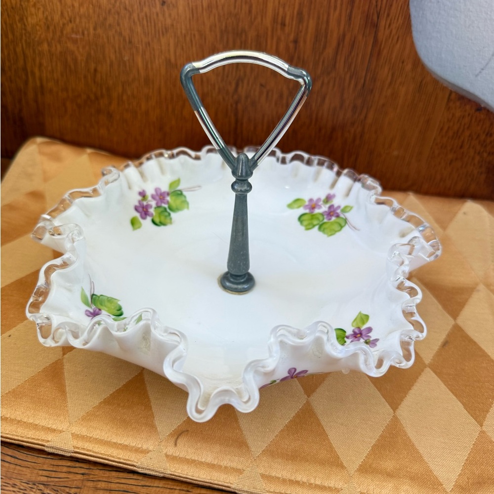 Fenton Ruffled Silvercrest Milk Glass Server with Violet Floral Motif